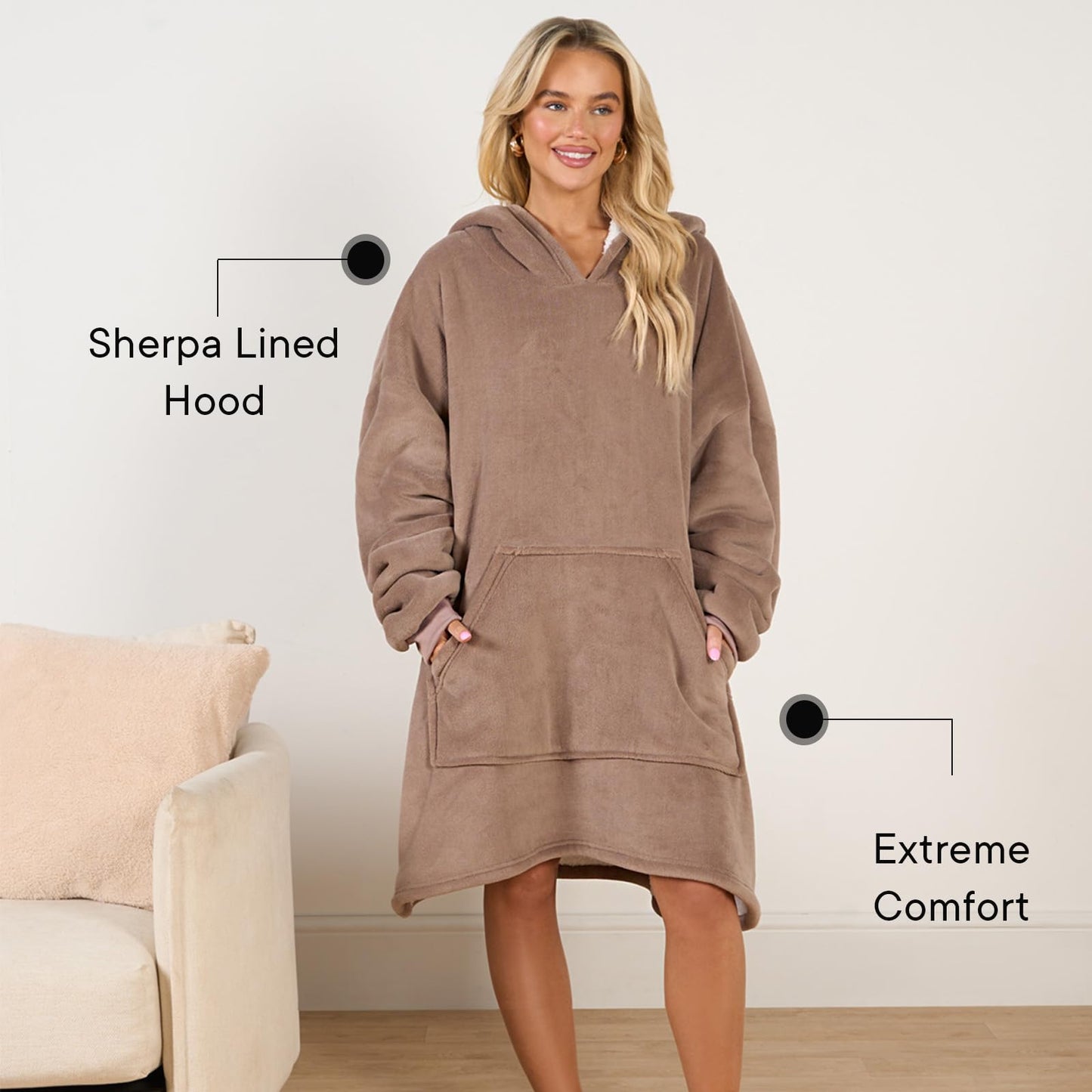 Sienna Hoodie Blanket Ultra Soft Sherpa Fleece Warm Comfy Cosy Oversized Wearable Giant Sweatshirt Throw for Women Girls Adults Men Boys Kids Big Pocket - One Size