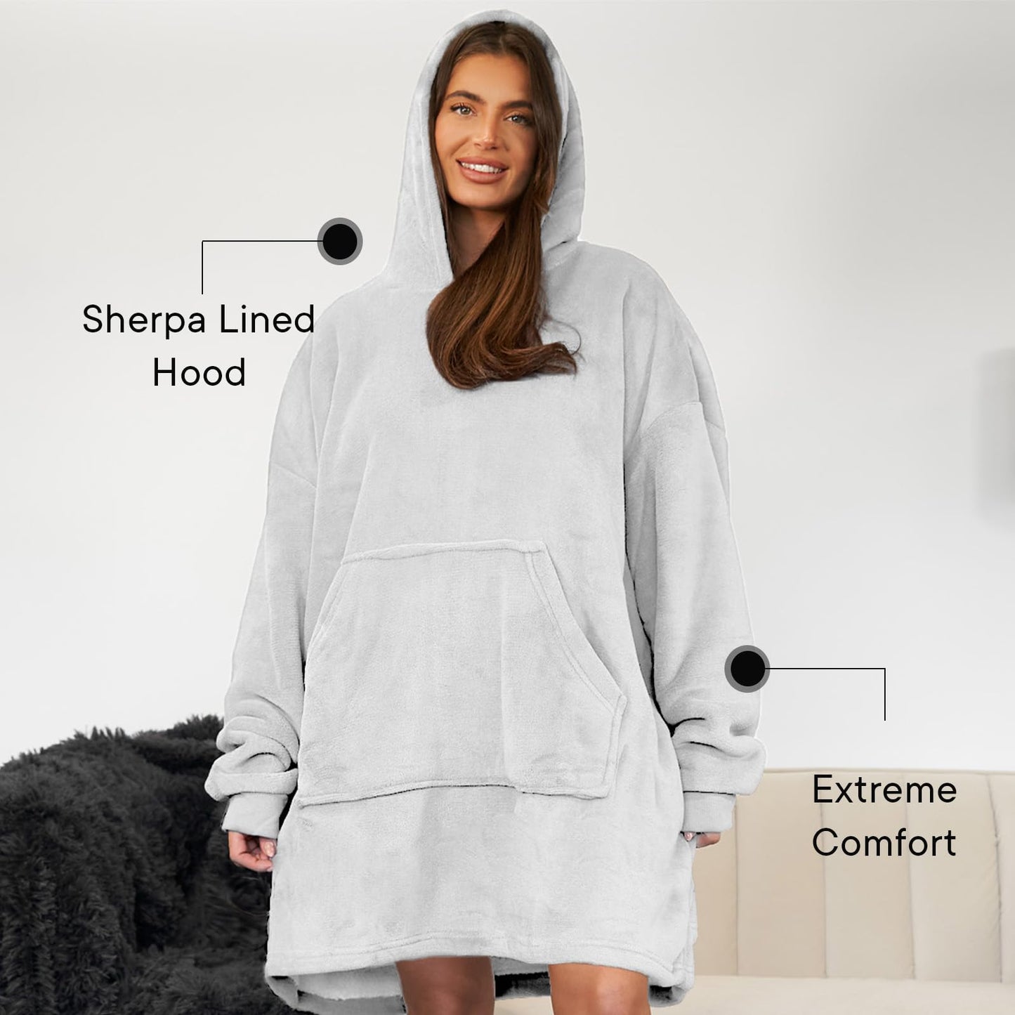 Sienna Hoodie Blanket Ultra Soft Sherpa Fleece Warm Comfy Cosy Oversized Wearable Giant Sweatshirt Throw for Women Girls Adults Men Boys Kids Big Pocket - One Size